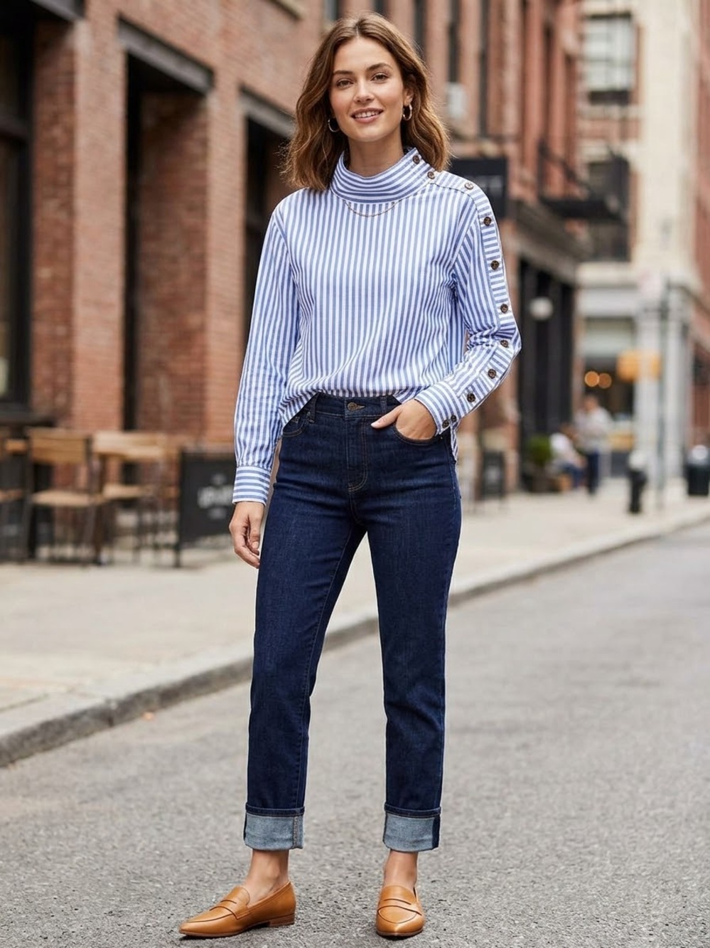 LOFT Women’s Blue & White Striped Button-Shoulder Top.